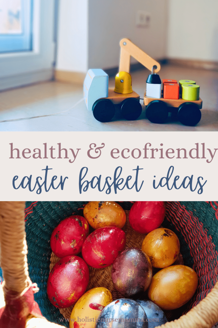 wooden toy truck and decorated easter eggs in bolga basket