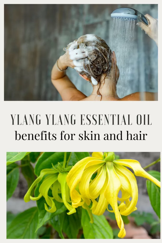 woman washing hair in shower and ylang ylang flower