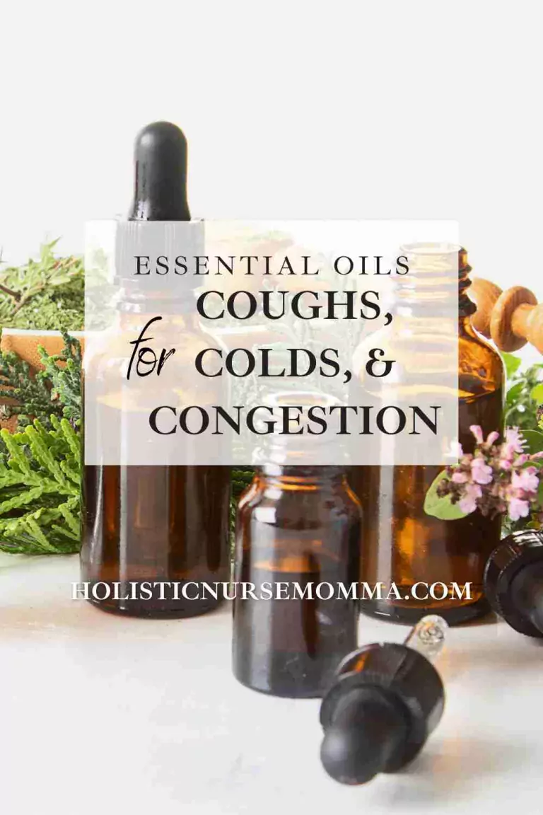 essential oil bottles with the words "essential oils for coughs, colds, and congestion" in foreground