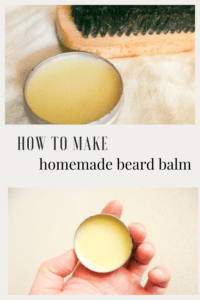 homemade beard balm recipe in a tin next to a beard brush. DIY beard balm in a tin being held.