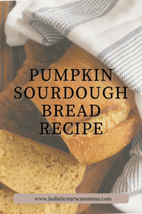 words "pumpkin sourdough bread recipe" with pumpkin sourdough bread in background