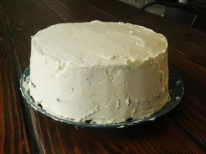 sourdough chocolate cake covered in swiss meringue buttercream