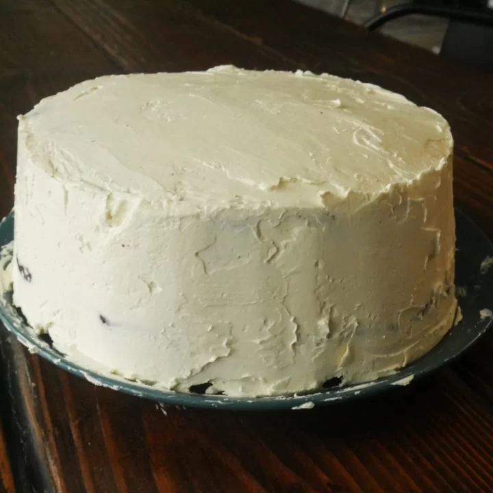 sourdough chocolate cake covered in swiss meringue buttercream