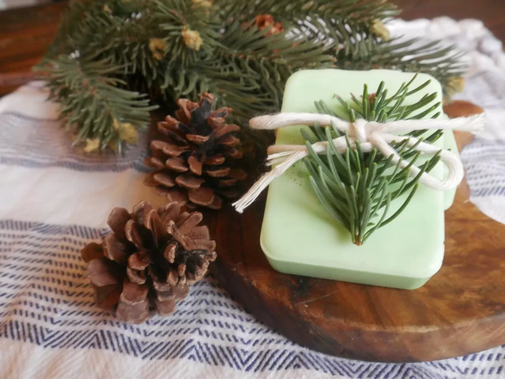 homemade melt and pour Christmas tree scented soap with a Christmas tree branch sitting on top of soap and pine cones sitting next to homemade melt and pour soap