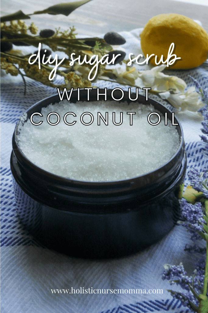 homemade sugar scrub in a dark colored plastic jar