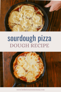 sourdough pizza dough recipe graphic with a baked and unbaked sourdough pizza pictured