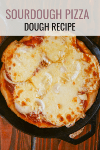 sourdough pizza dough graphic with baked sourdough pizza crust and brown, melted cheese