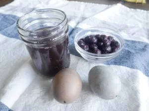 naturally dyed eggs sitting next to small bowl of blueberries