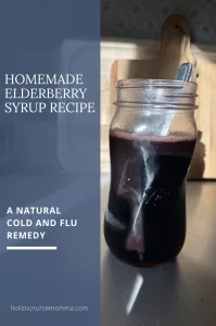 homemade elderberry syrup recipe next to a mason jar with homemade elderberry syrup