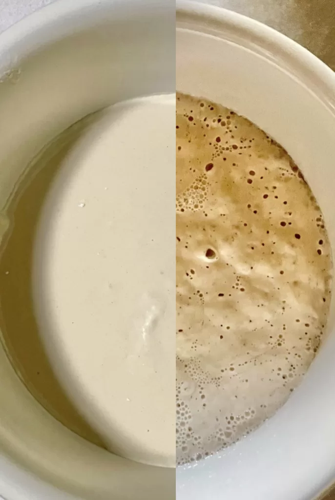 2 pictures comparing sourdough waffle batter when it's made vs the next morning