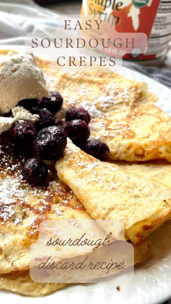 sourdough crepes with "easy sourdough crepes" typed on top