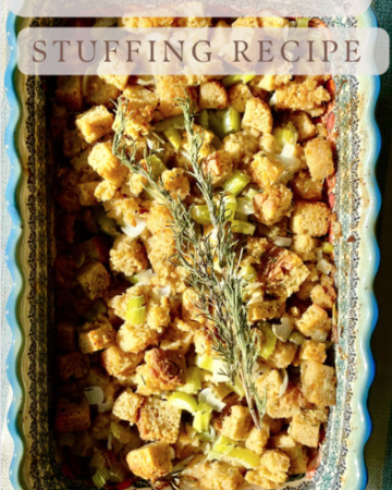 sourdough stuffing in a casserole dish with the words "simple sourdough stuffing recipe" on top