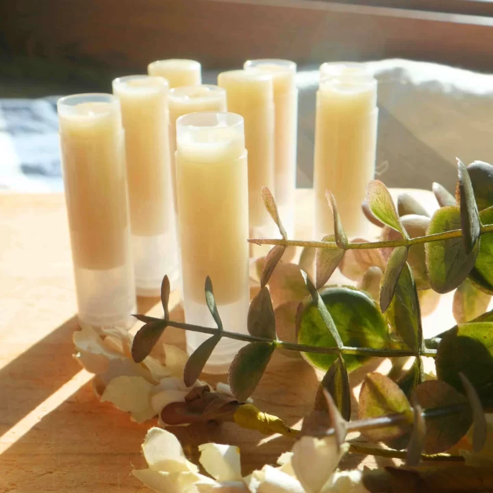 diy tallow lip balms sitting on wooden block next to flowers and leaves