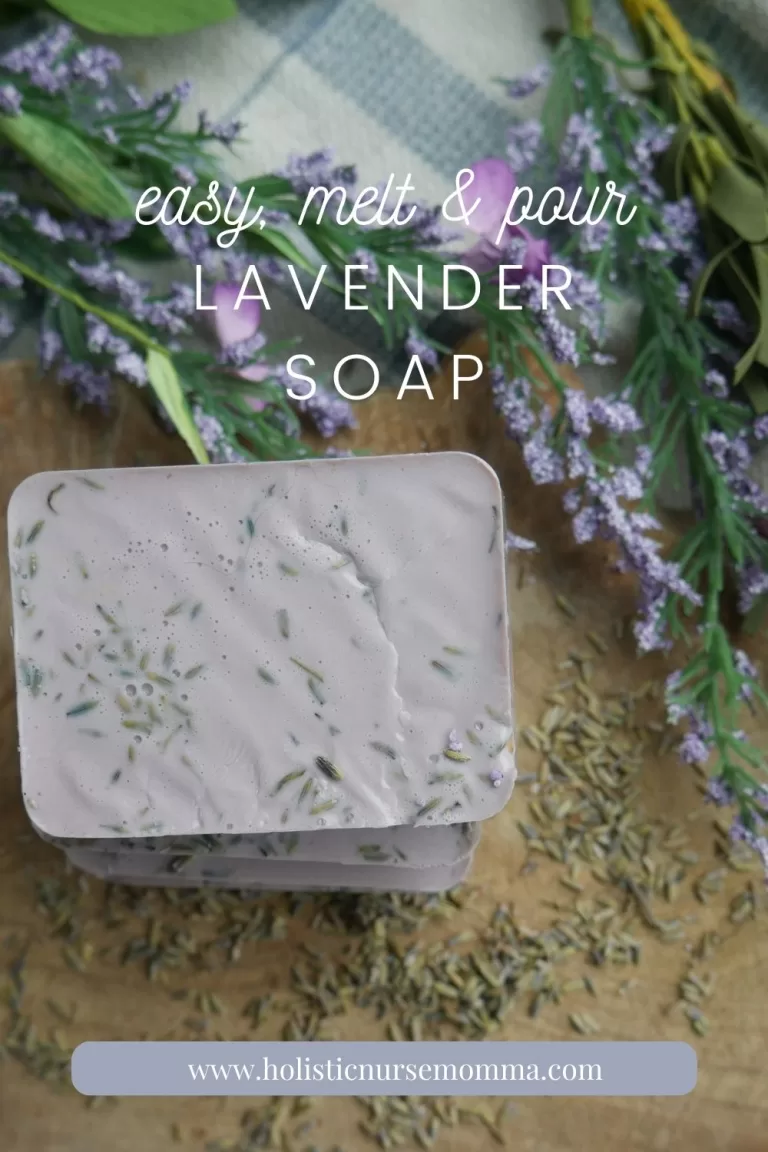 top view of purple, lavender soap with lavender soaps sitting around it