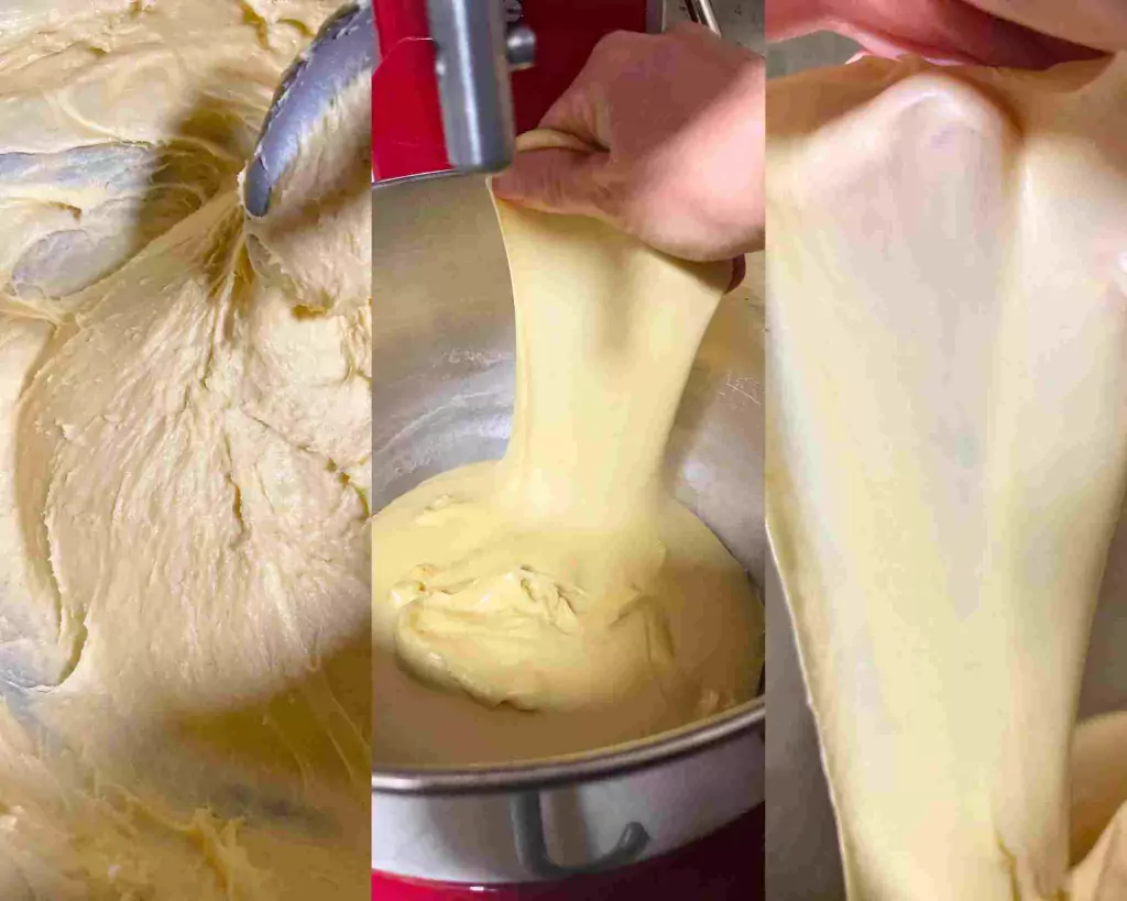 3 photos showing the difference in sourdough brioche dough during kneading