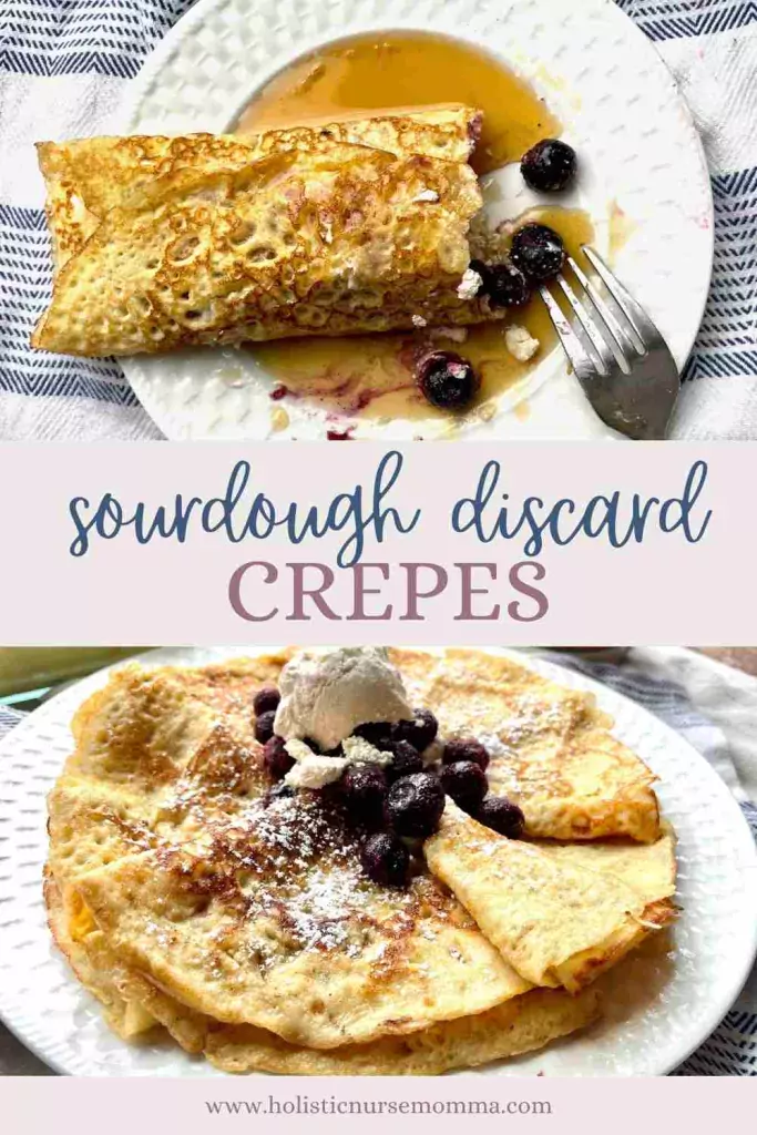 sourdough crepe on a plate with words "sourdough discard crepes"