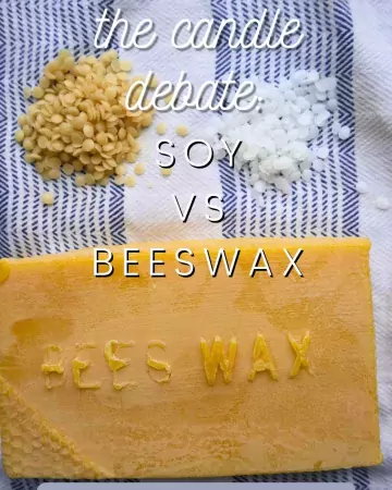 different forms of beeswax laying on a towel with "soy vs beeswax" in front of it