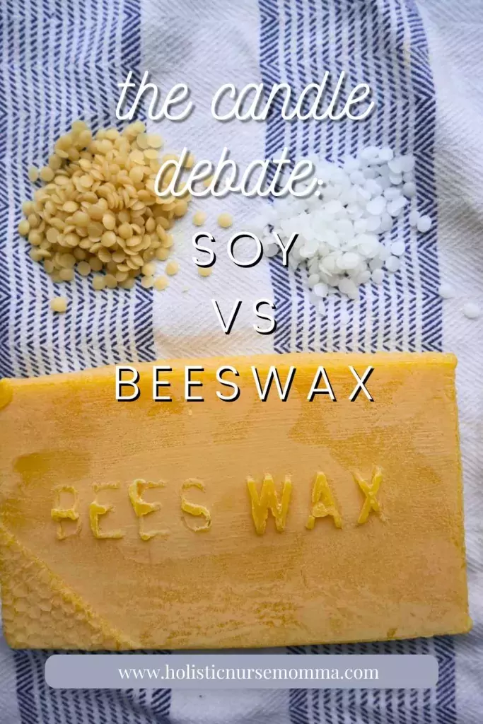 different forms of beeswax laying on a towel with "soy vs beeswax" in front of it