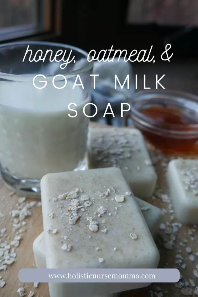 honey, oatmeal, and goat milk soap with a cup of milk and glass of honey