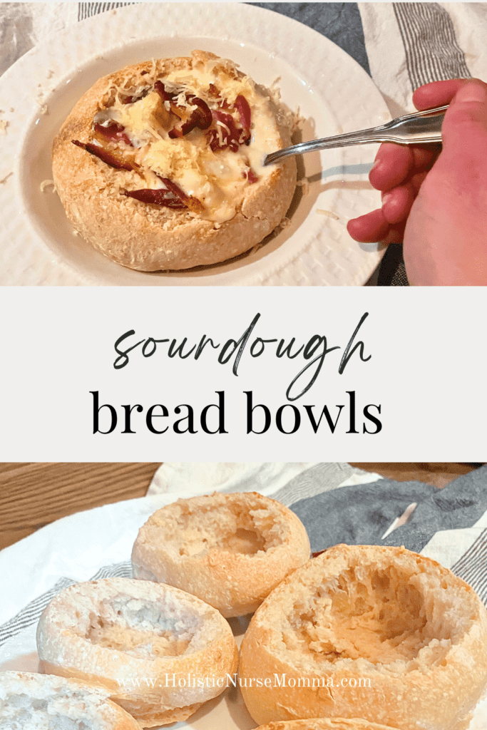 homemade sourdough bread bowls empty and filled with potato soup