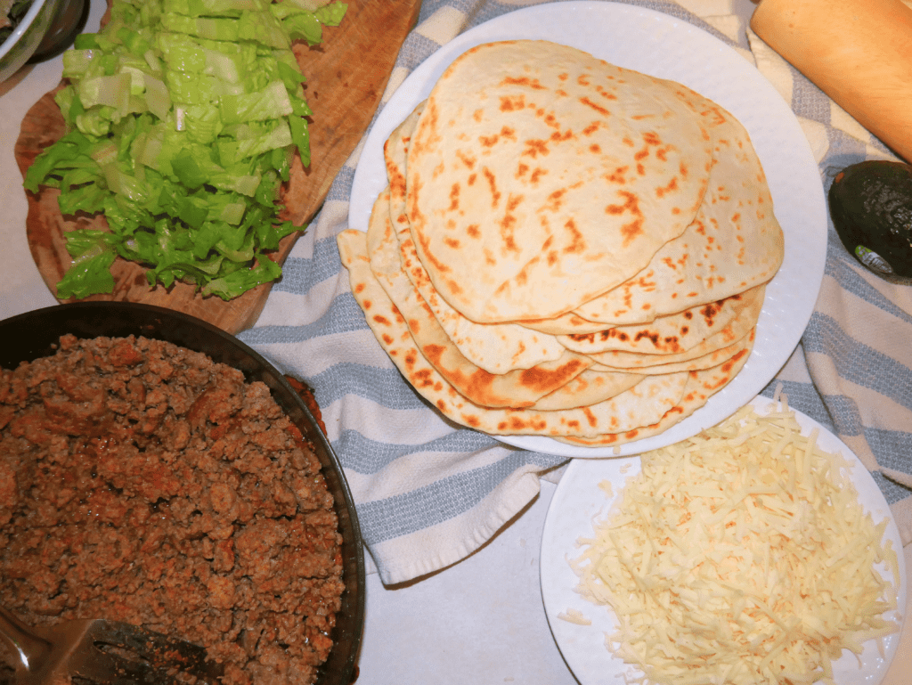 taco fillings next to sourdough discard tortillas