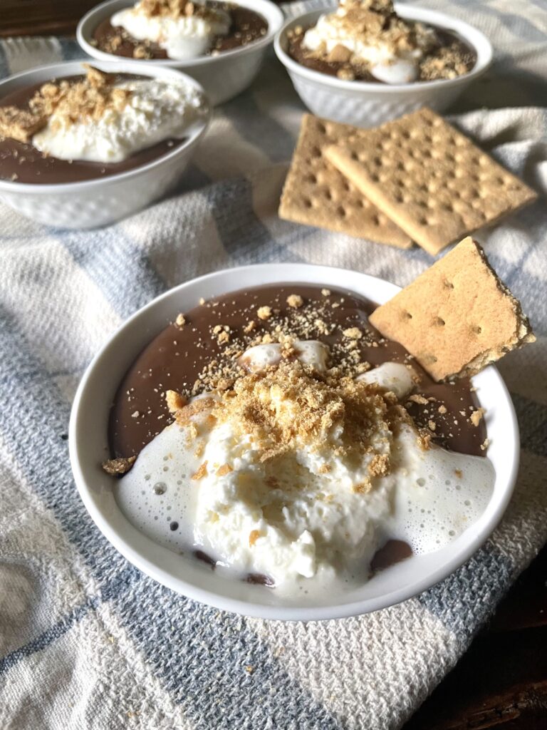 homemade chocolate pudding with graham crackers and whipped cream in a small white bowl