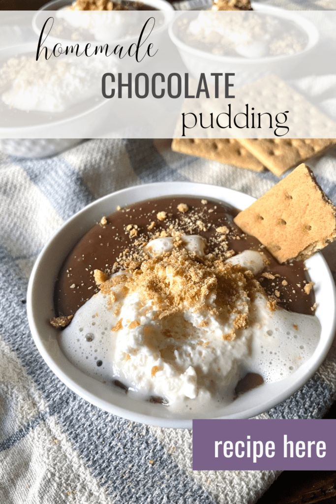 from scratch chocolate pudding in a little white bowl with graham crackers and whipped cream