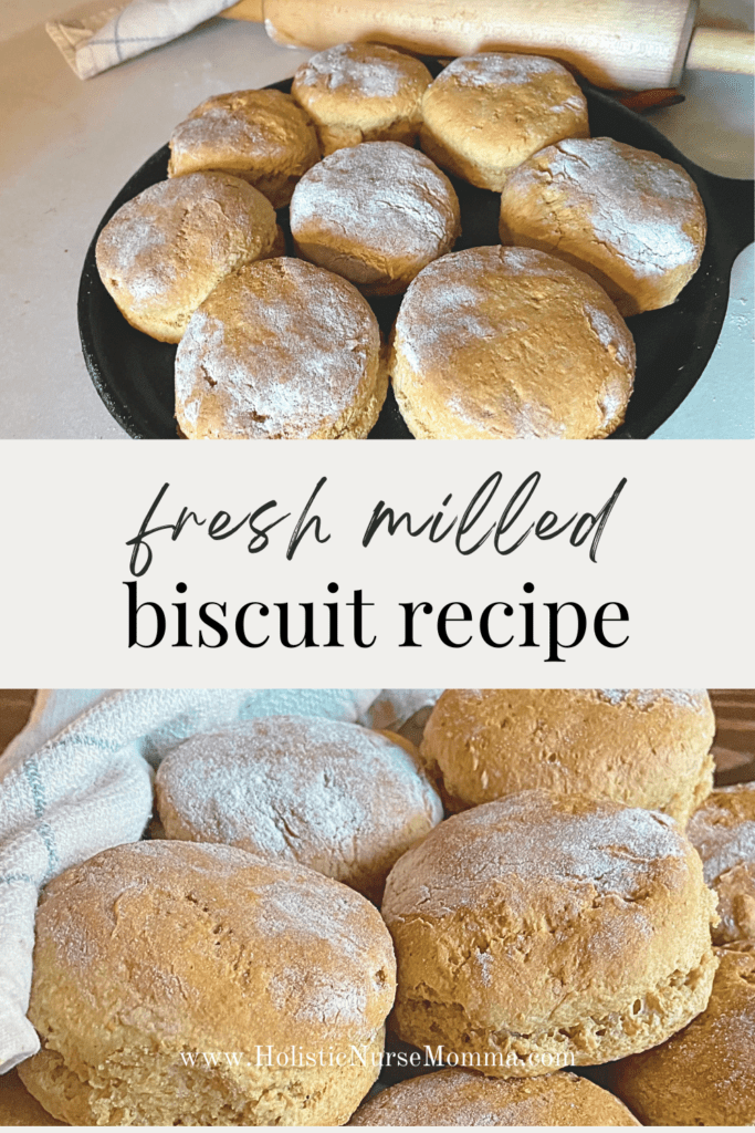 fully baked fresh milled flour biscuits on a cast iron pan