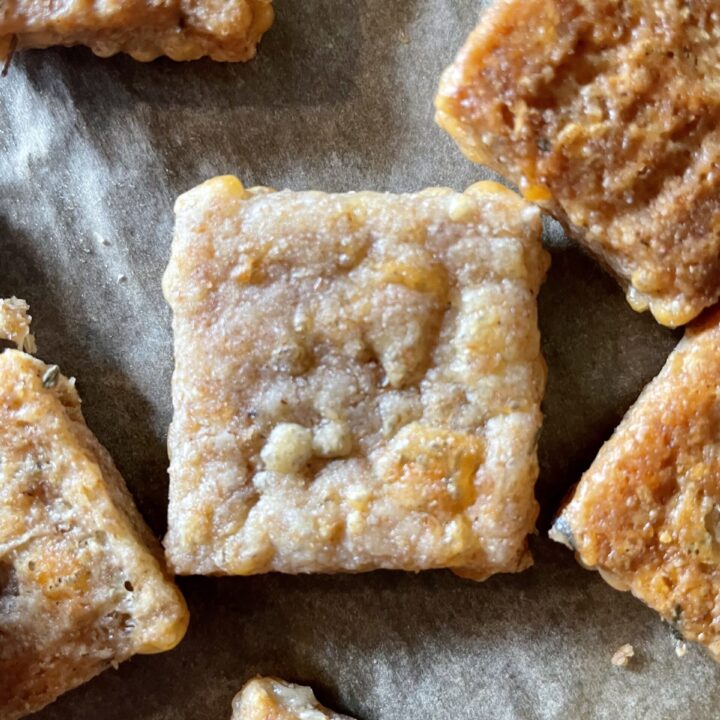 single sourdough discard cracker made with cheese and freshly milled flour on parchment paper