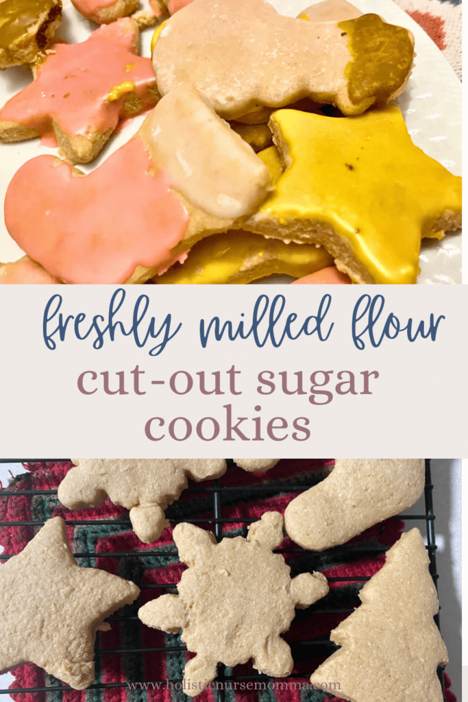 iced and uniced sugar cookies with "freshly milled flour cut out sugar cookies" typed out in the middle