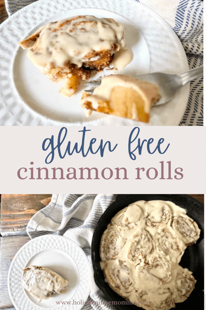 2 photos: the photo on top is a singular iced, gluten free cinnamon roll on a white plate. Bottom photo is a gluten free cinnamon roll on a white plate next to cinnamon rolls in a cast iron skillet