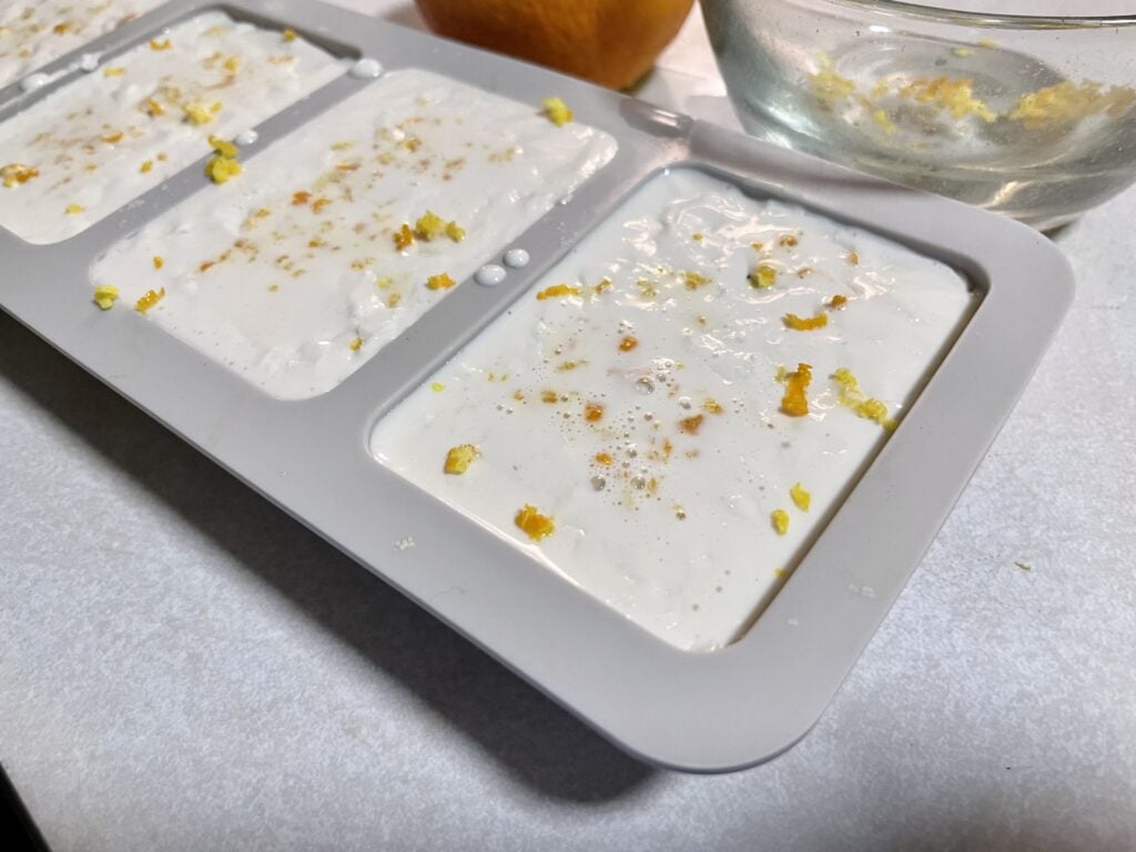 fall scented melt and pour soaps hardening in a silicone soap mold