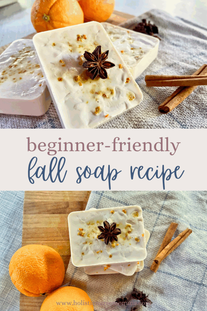 fall scented soaps with flakes of orange zest, surrounded by oranges, cinnamon sticks, and star of anise