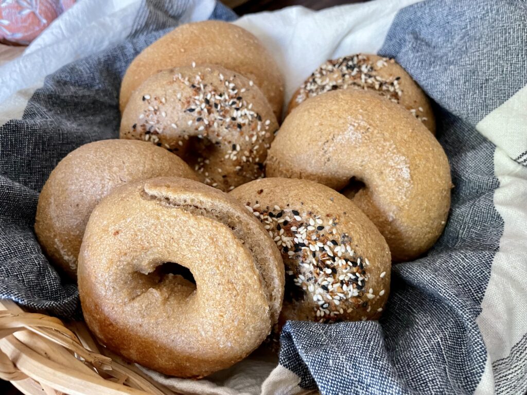 sourdough bagels with fresh milled flour on white and blue towel in basket