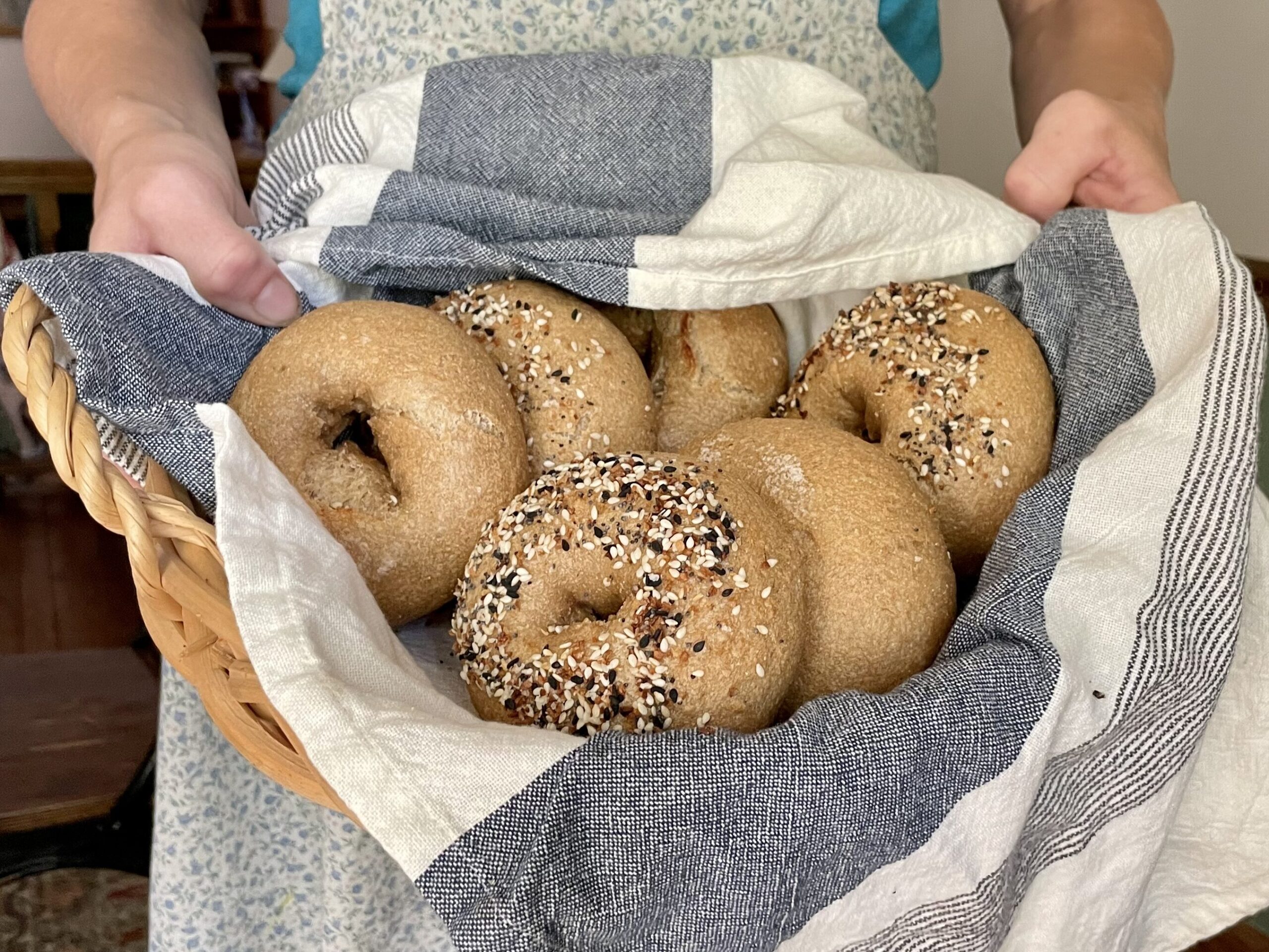 sourdough bagels made with fresh milled flour in basket being held