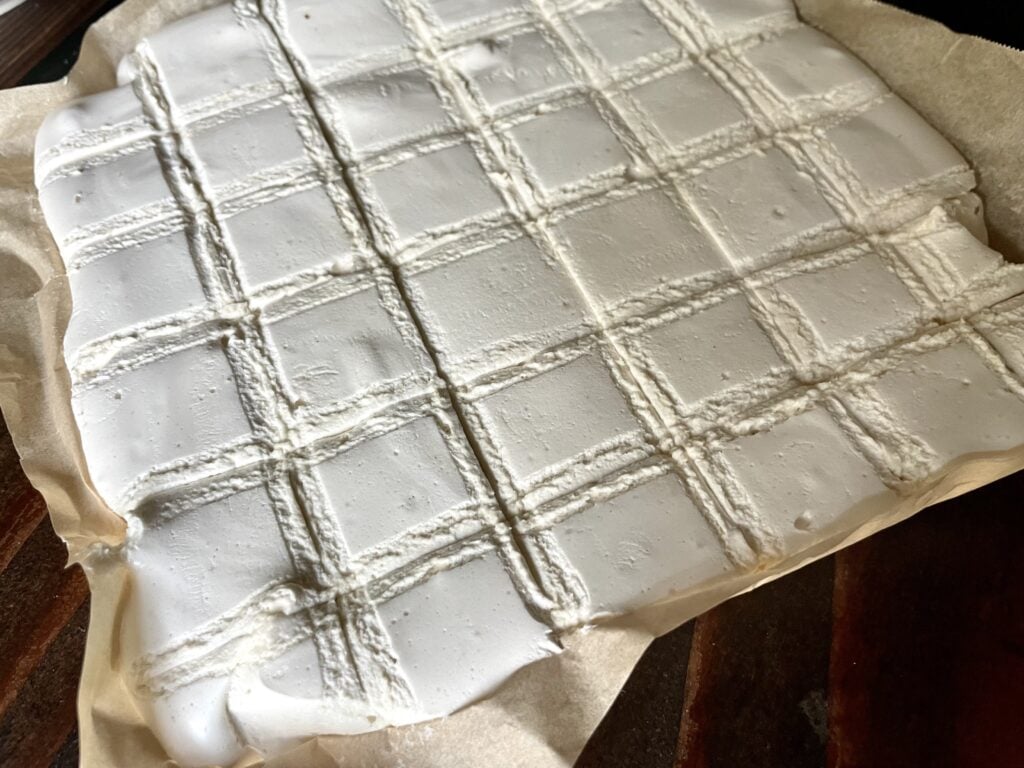 cut homemade marshmallows before being pulled apart