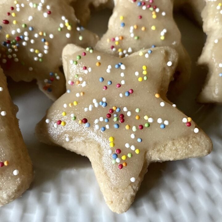 iced fresh milled flour star sugar cookie with sprinkles