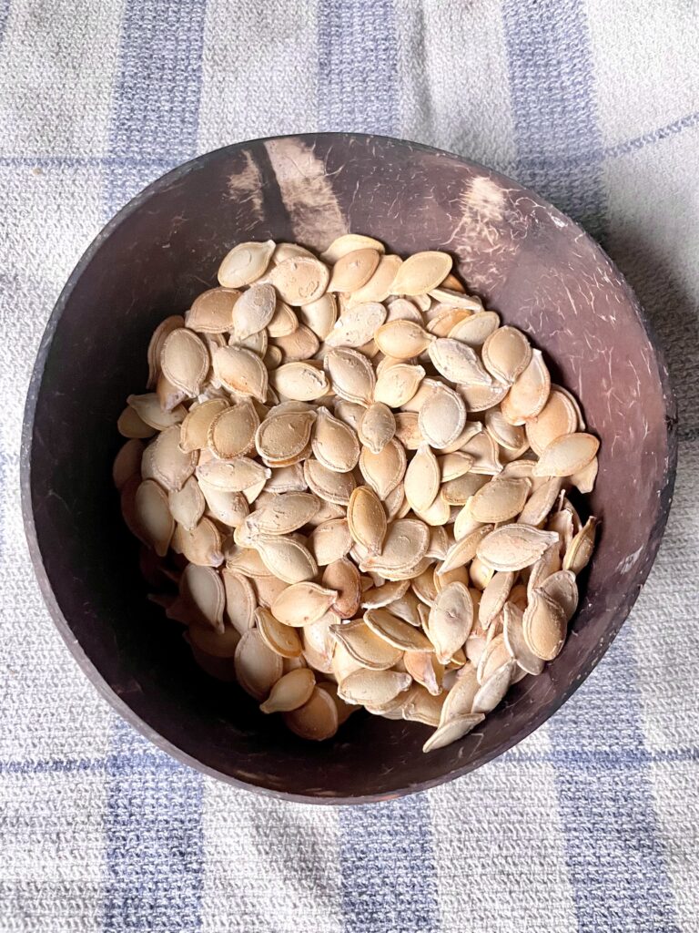 pumpkin seeds roasted without oil in a coconut bowl