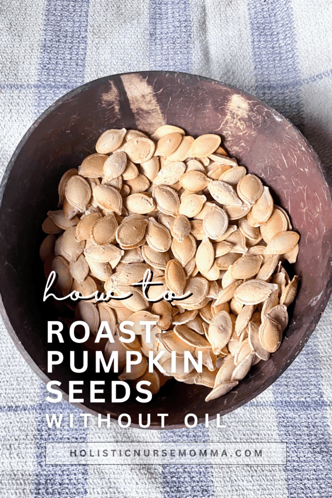pumpkin seeds roasted without oil in a brown coconut oil