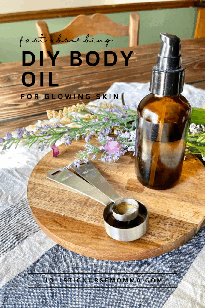 DIY body oil for glowing skin in a brown glass bottle